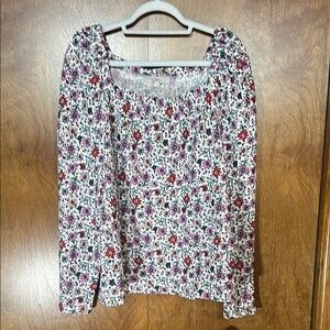 LOFT Cream Smocked Blouse with Long Sleeves